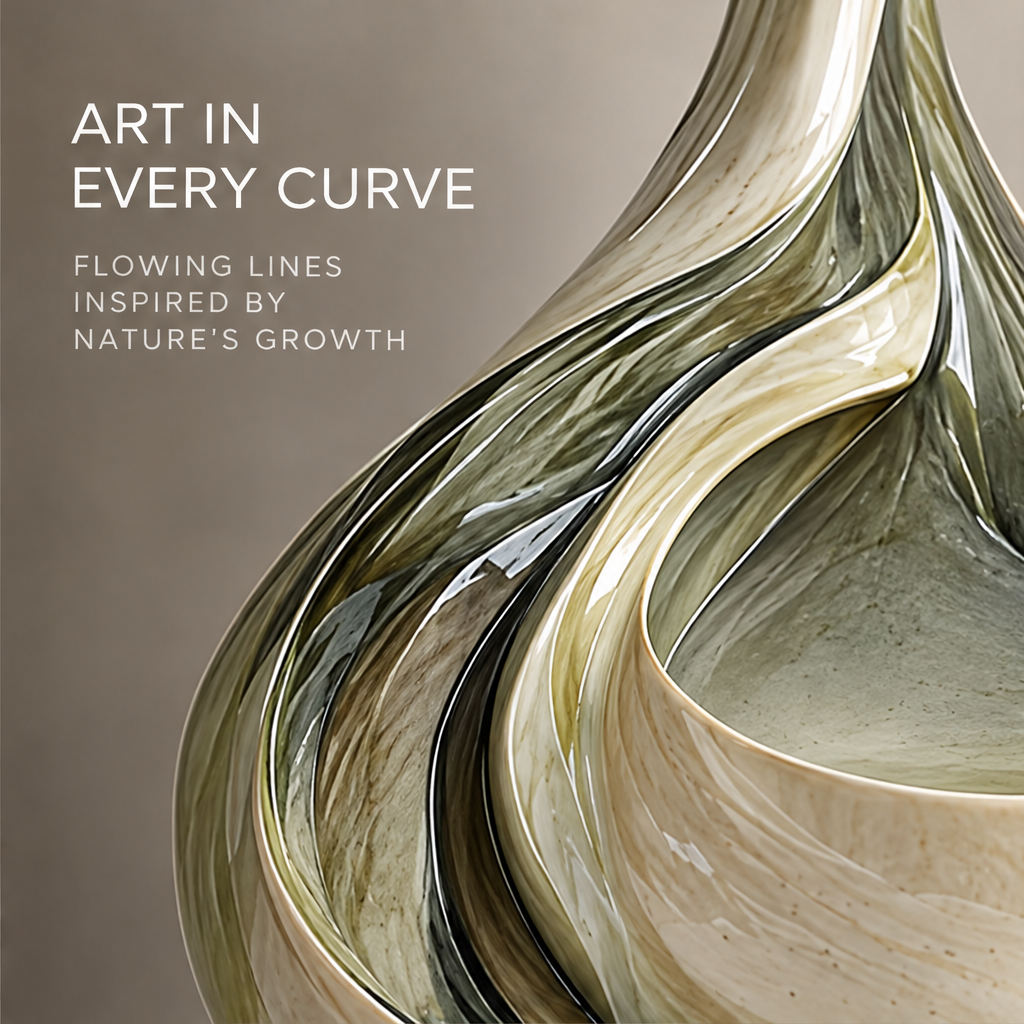 Art in Every Curve — close-up of flowing olive-ivory glaze lines on teardrop body, inspired by nature's growth