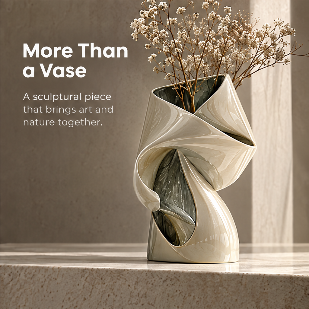More Than a Vase — twisted wave vase styled with dried gypsophila, a sculptural piece that brings art and nature together