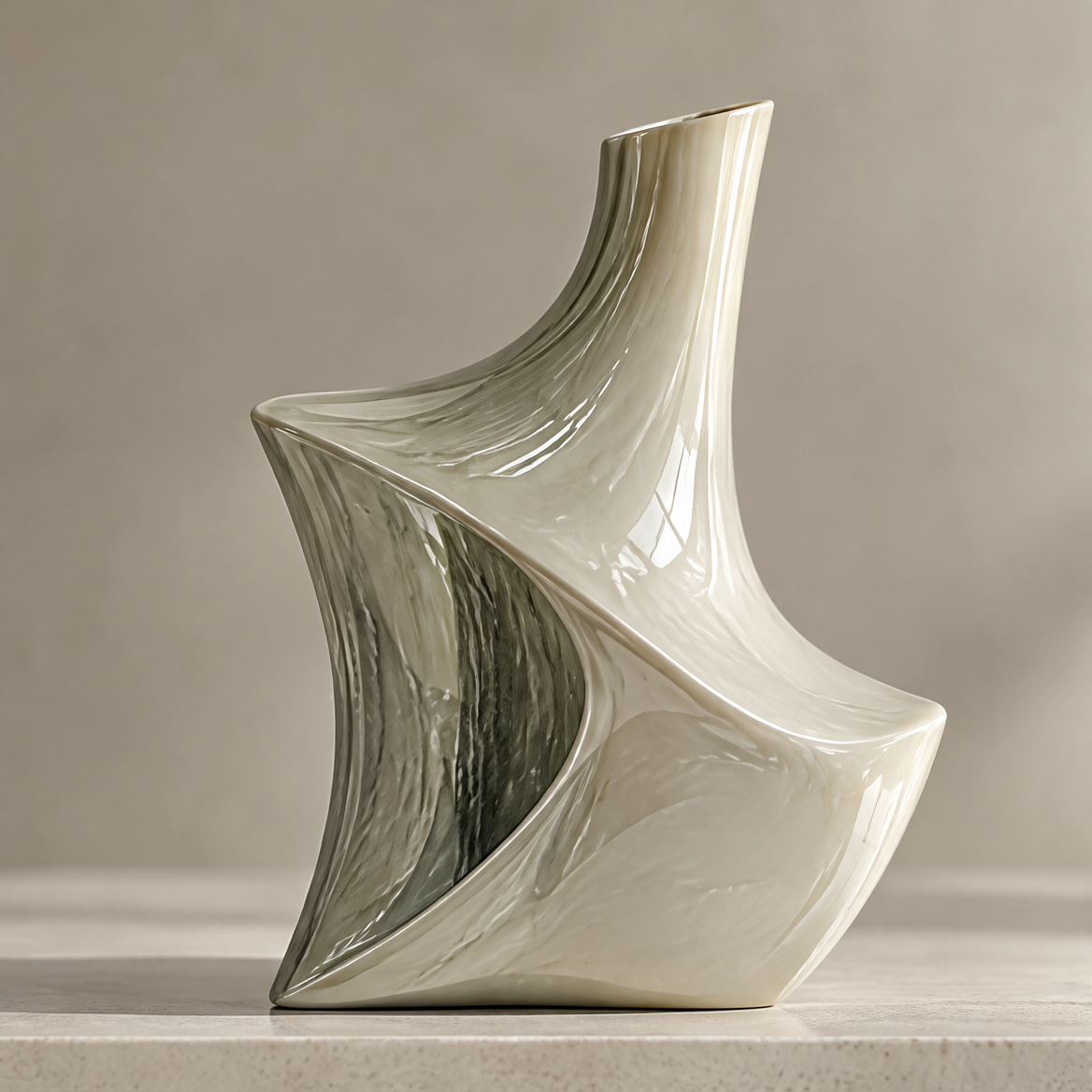 Sculpted Elegance vase clean product shot on marble surface, cream and sage glaze
