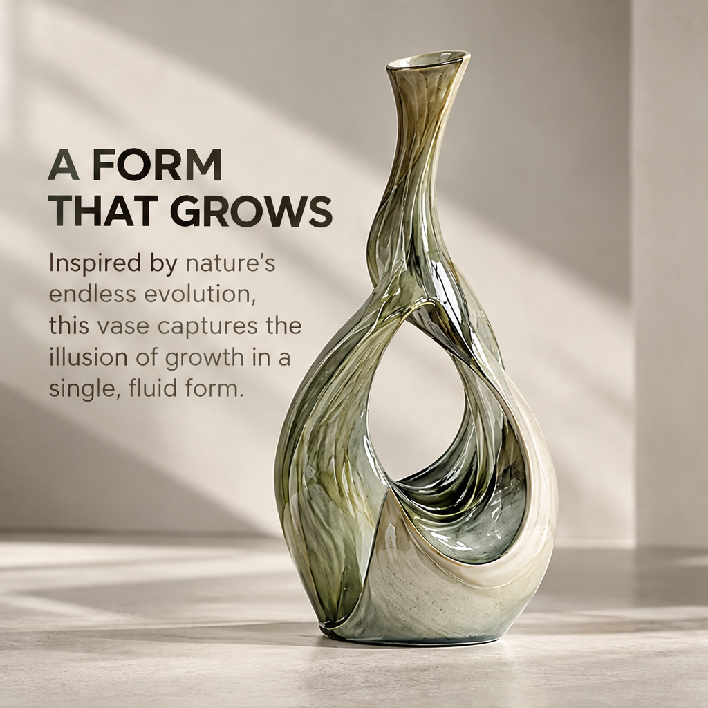 More Than a Vase — teardrop hollow vase styled with green olive branches, art and function growing together in natural harmony