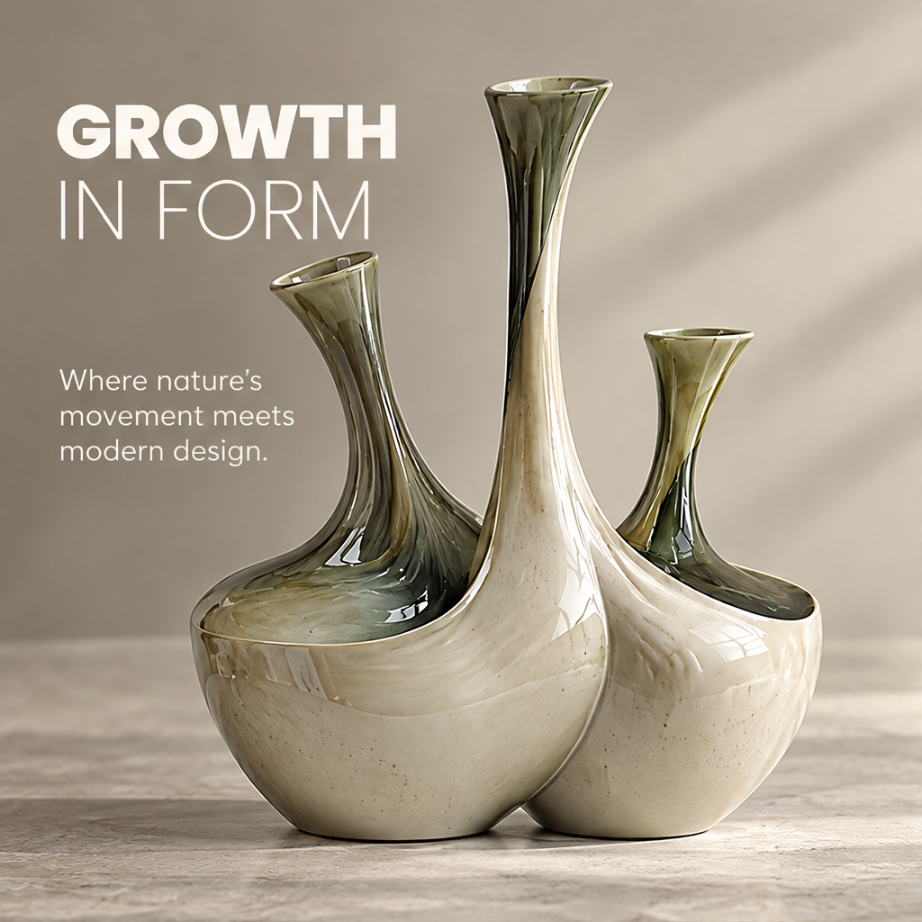 More Than a Vase — triple-neck vase set styled with cherry blossom branches, timeless sculpture for natural elegance