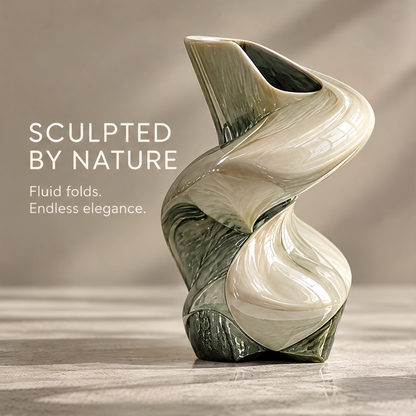 Sculpted by Nature spiral vase — full product front view, forest green and ivory dual-tone glaze