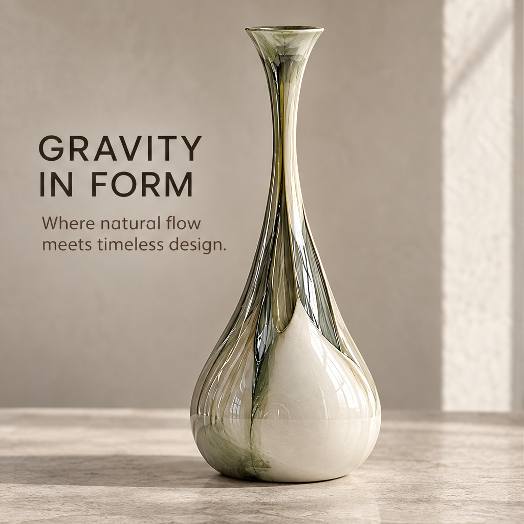 Gravity-trace long-neck teardrop sculptural vase — clean product shot, slender neck and full rounded base with flowing olive-ivory mirror glaze