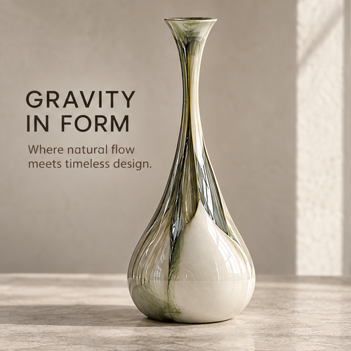 Gravity-trace long-neck teardrop sculptural vase — clean product shot, slender neck and full rounded base with flowing olive-ivory mirror glaze