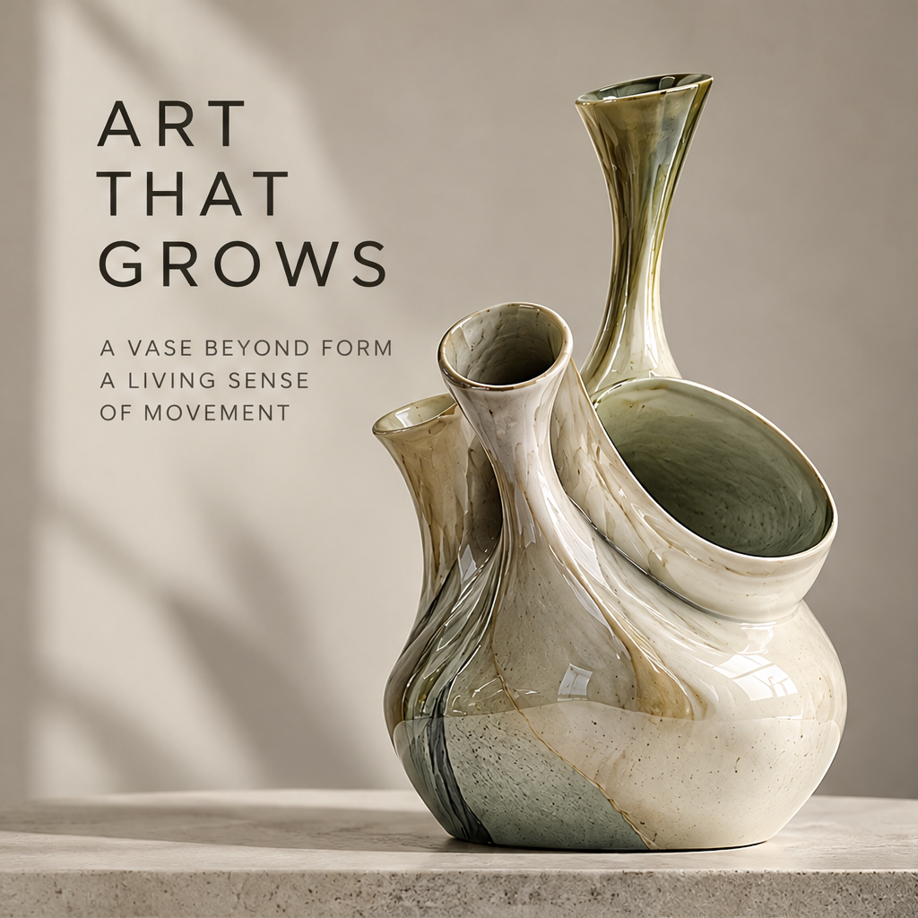 Multi-opening organic growth sculptural vase — clean product shot, four openings at varying heights, ivory and olive-green glaze