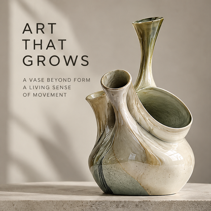 Multi-opening organic growth sculptural vase — clean product shot, four openings at varying heights, ivory and olive-green glaze