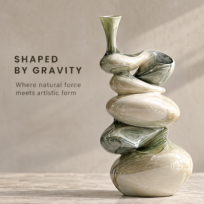 A Timeless Presence — stacked-stone vase in arched interior setting, elevates any space with quiet sophistication