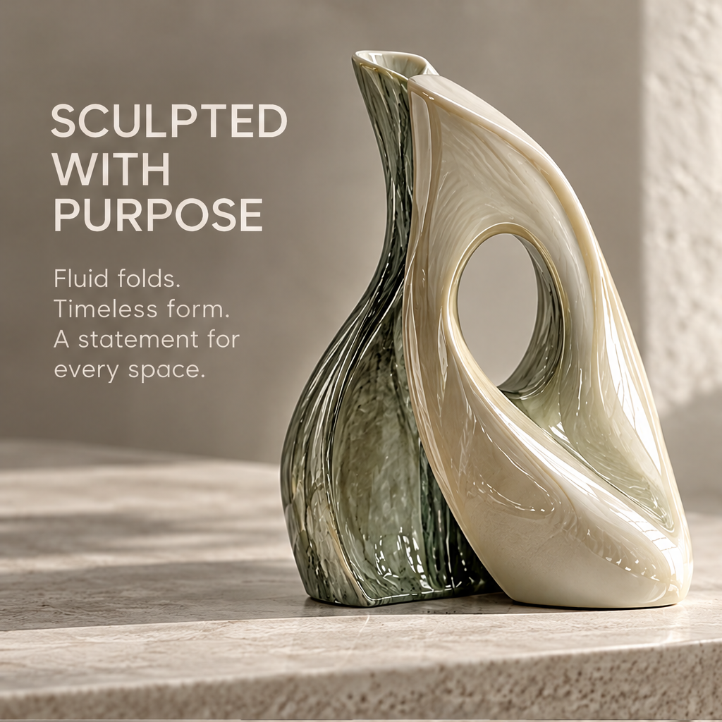 A New Perspective — dual-body vase on marble surface, sculptural beauty from every angle