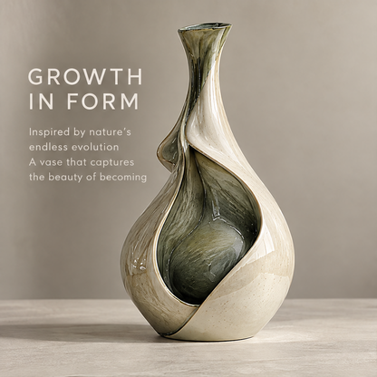 Spiral-wrap open-body sculptural ceramic vase — clean product shot, ivory spiral exterior with deep olive open interior cavity