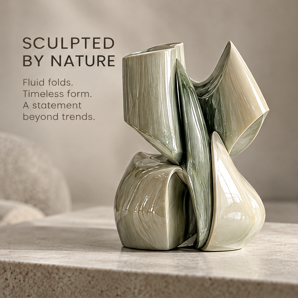Organic fold sculptural ceramic vase — clean product shot, sage green marbled glaze with multi-opening top