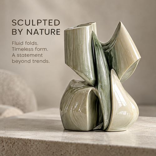 Organic fold sculptural ceramic vase — clean product shot, sage green marbled glaze with multi-opening top