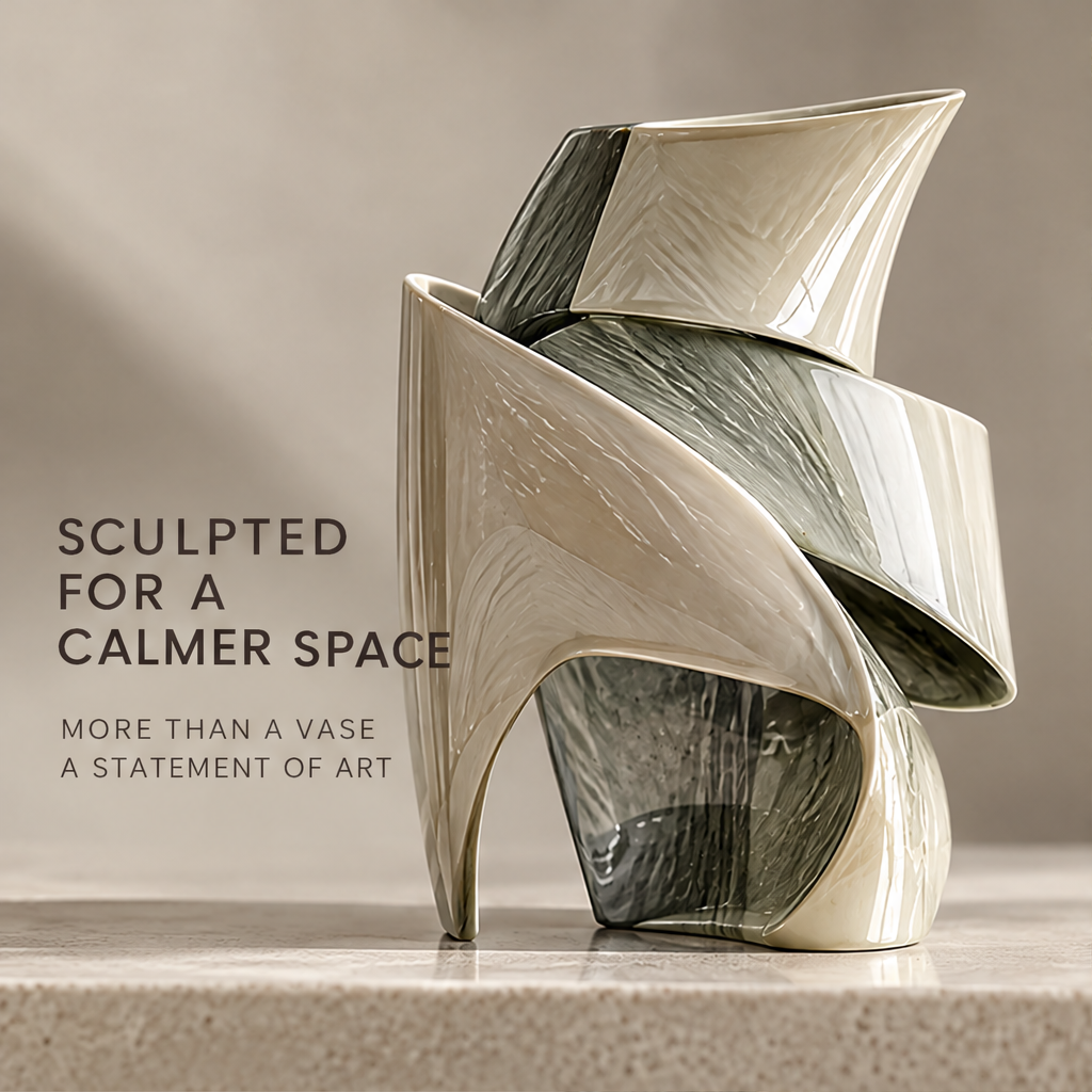 Layered fold sculptural vase — clean product shot, ivory glossy ceramic with sage green textured interior