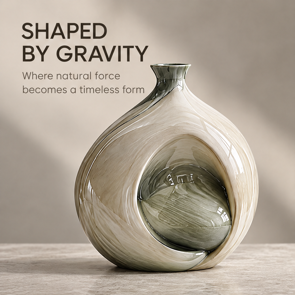 Round-body side-neck concave-pocket sculptural vase — clean product shot, wide ivory sphere with olive-green sunken cavity and short off-centre neck
