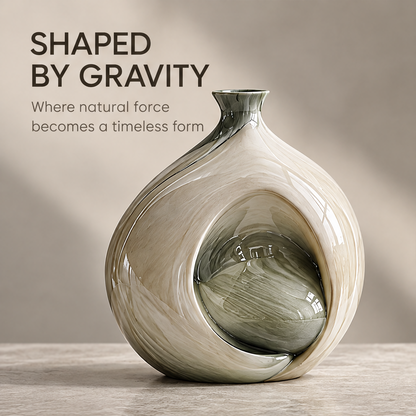 Round-body side-neck concave-pocket sculptural vase — clean product shot, wide ivory sphere with olive-green sunken cavity and short off-centre neck