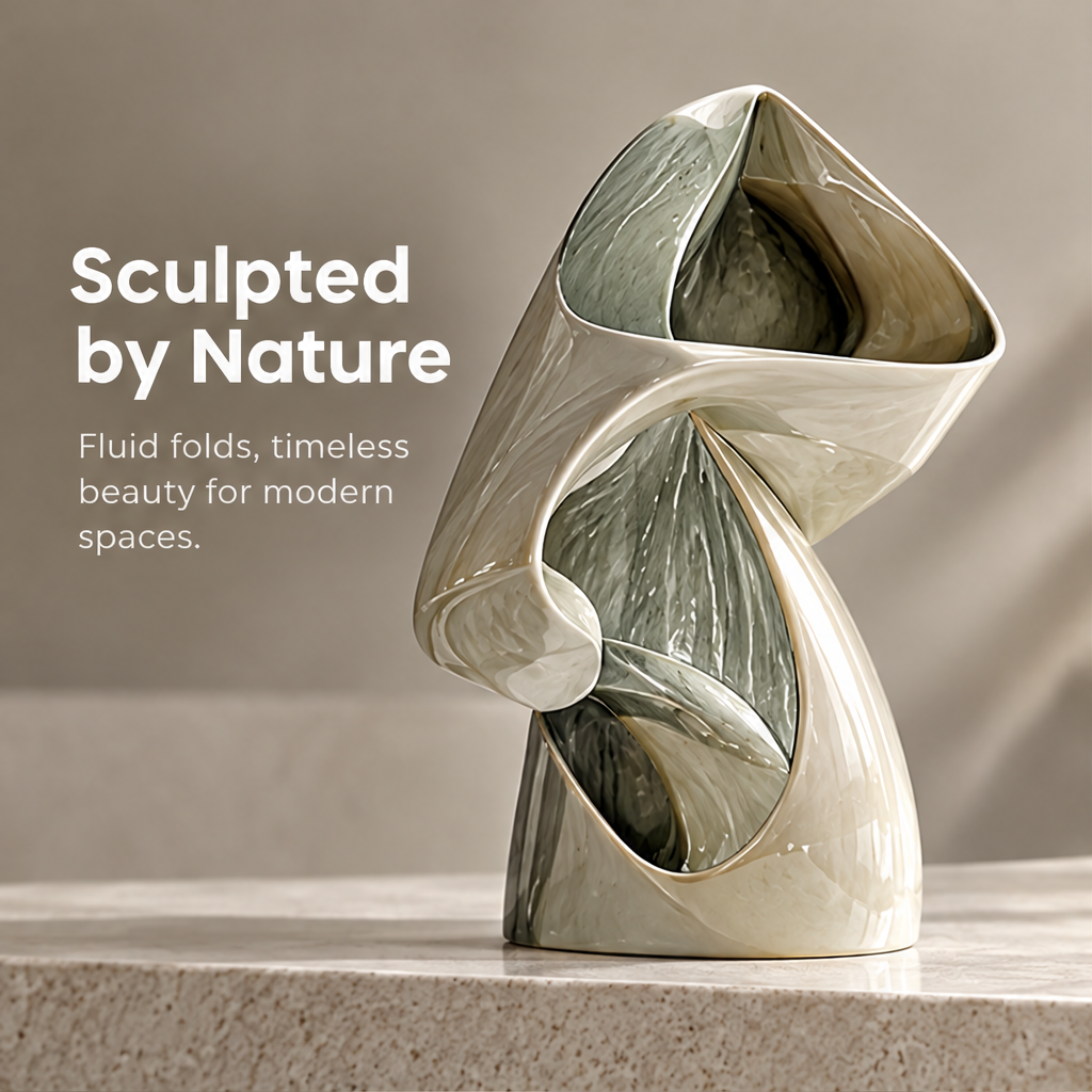 Twisted wave sculptural vase — clean product shot, ivory exterior with sage-marbled interior, dual opening