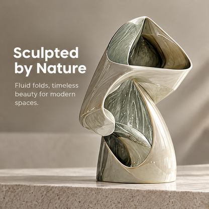 Twisted wave sculptural vase — clean product shot, ivory exterior with sage-marbled interior, dual opening