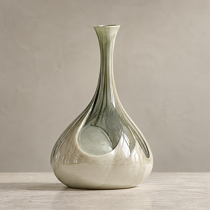 Mirror-glaze side-pocket teardrop sculptural vase — clean product shot, pearl-white and soft olive mirror glaze with rounded side opening