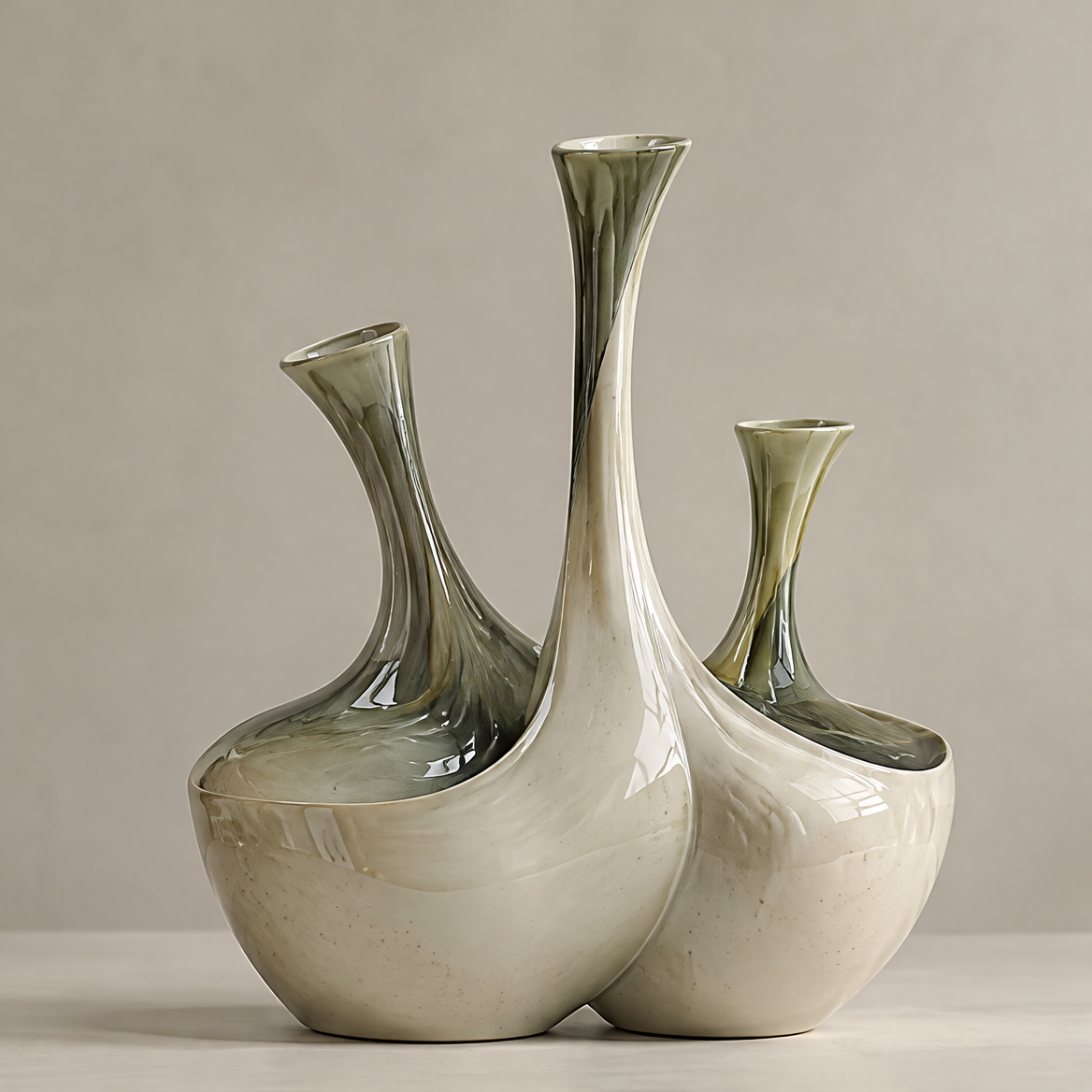 Triple-neck conjoined ceramic vase set — clean product shot, three ivory and olive-green necks sharing one rounded base