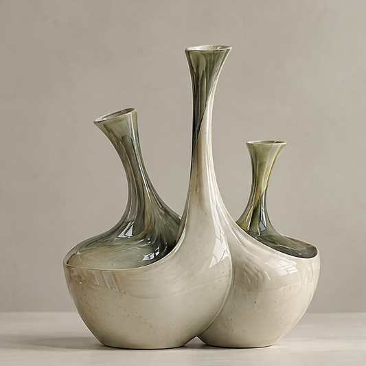 Triple-neck conjoined ceramic vase set — clean product shot, three ivory and olive-green necks sharing one rounded base