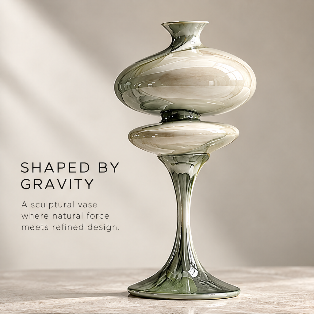 Double-disc pedestal sculptural vase — clean product shot, two wide disc forms stacked on slender pedestal with pearl-olive mirror glaze