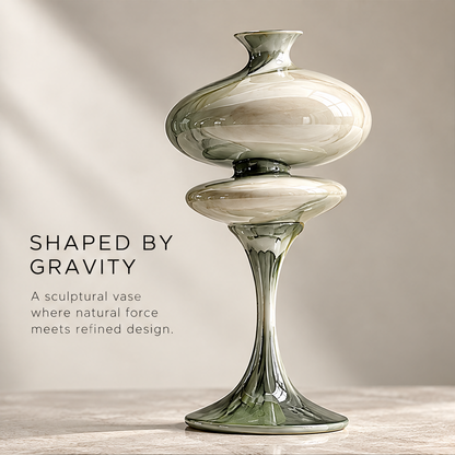 Double-disc pedestal sculptural vase — clean product shot, two wide disc forms stacked on slender pedestal with pearl-olive mirror glaze