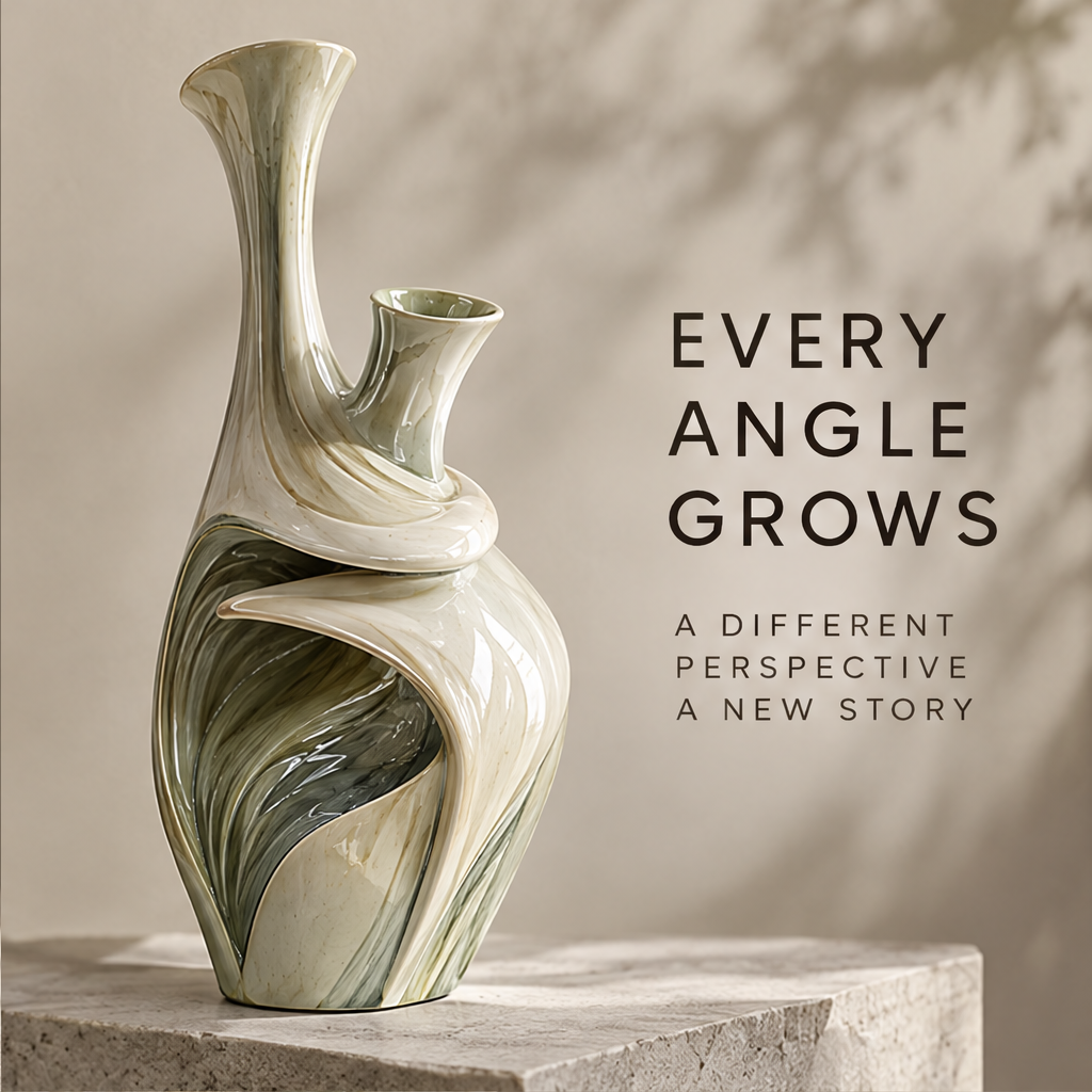 Every Angle Grows — dual-neck sculptural vase on stone plinth, a different perspective a new story