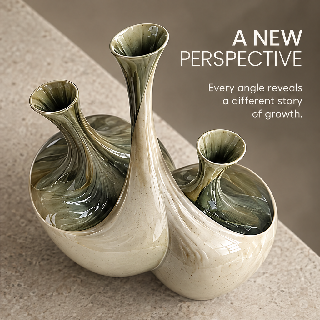 A New Perspective — top-down view of triple-neck vase trio, every angle reveals a different story of growth