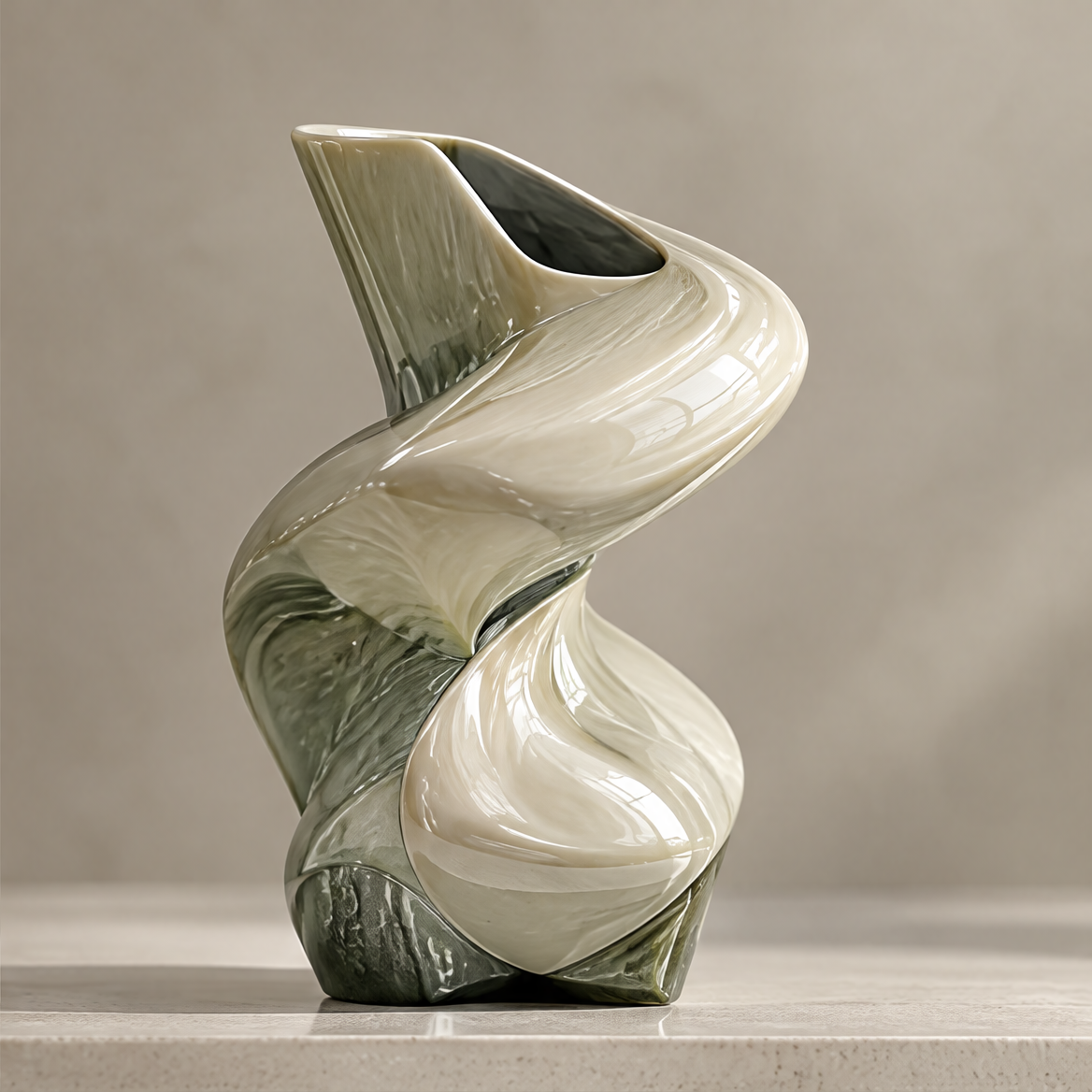 Spiral decorative vase clean product shot on marble surface, sage green and cream glaze