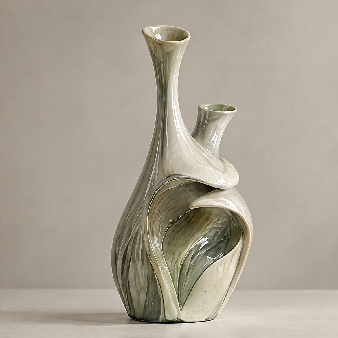 Dual-neck growth sculptural ceramic vase — clean product shot, ivory and olive-green glaze with arched base cutout