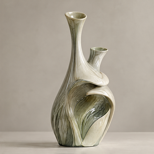 Dual-neck growth sculptural ceramic vase — clean product shot, ivory and olive-green glaze with arched base cutout
