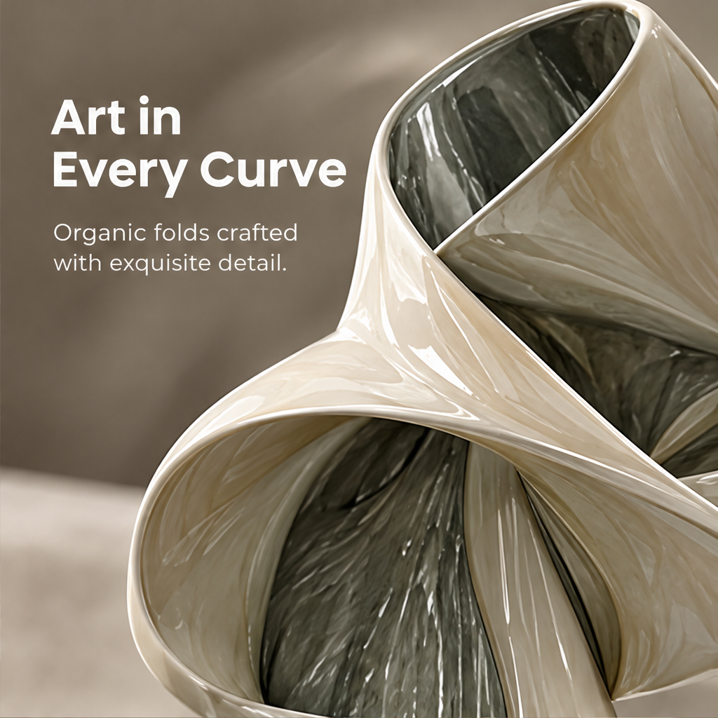 Sculpted by Nature — twisted wave vase on marble surface, fluid folds and timeless beauty for modern spaces