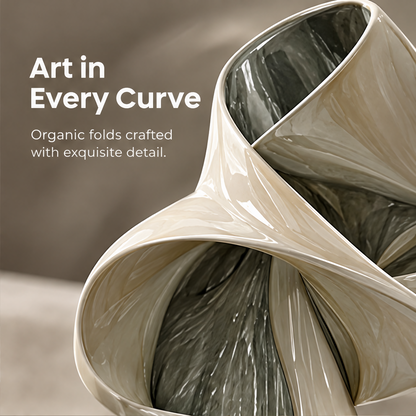 Sculpted by Nature — twisted wave vase on marble surface, fluid folds and timeless beauty for modern spaces