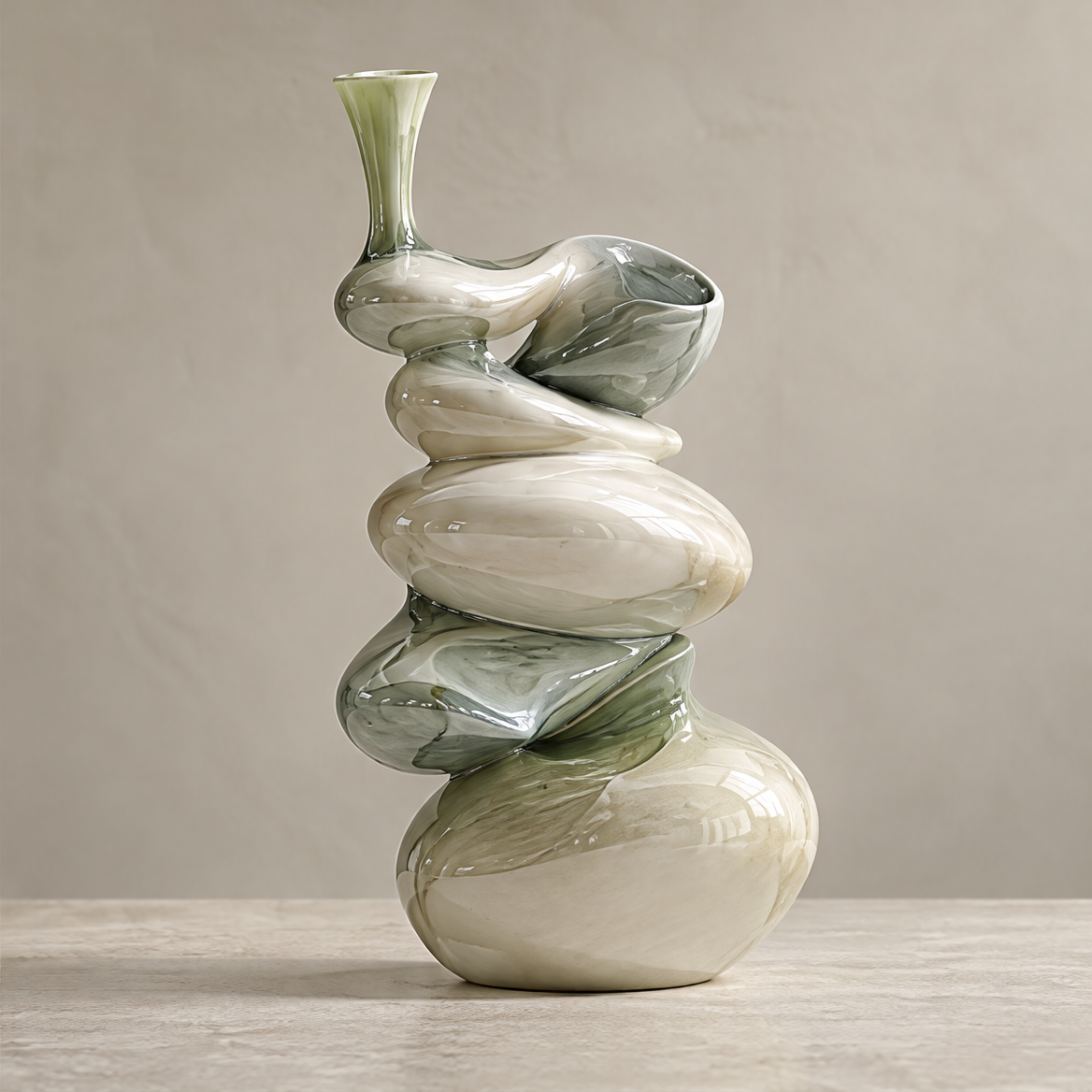 Stacked-stone spiral sculptural vase — clean product shot, multiple organic rounded forms spiraling upward with ivory and olive-green glaze