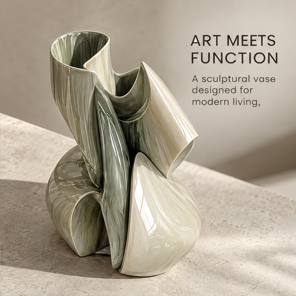 Sculpted by Nature — fluid folds and timeless form, sage green vase on marble surface, a statement beyond trends