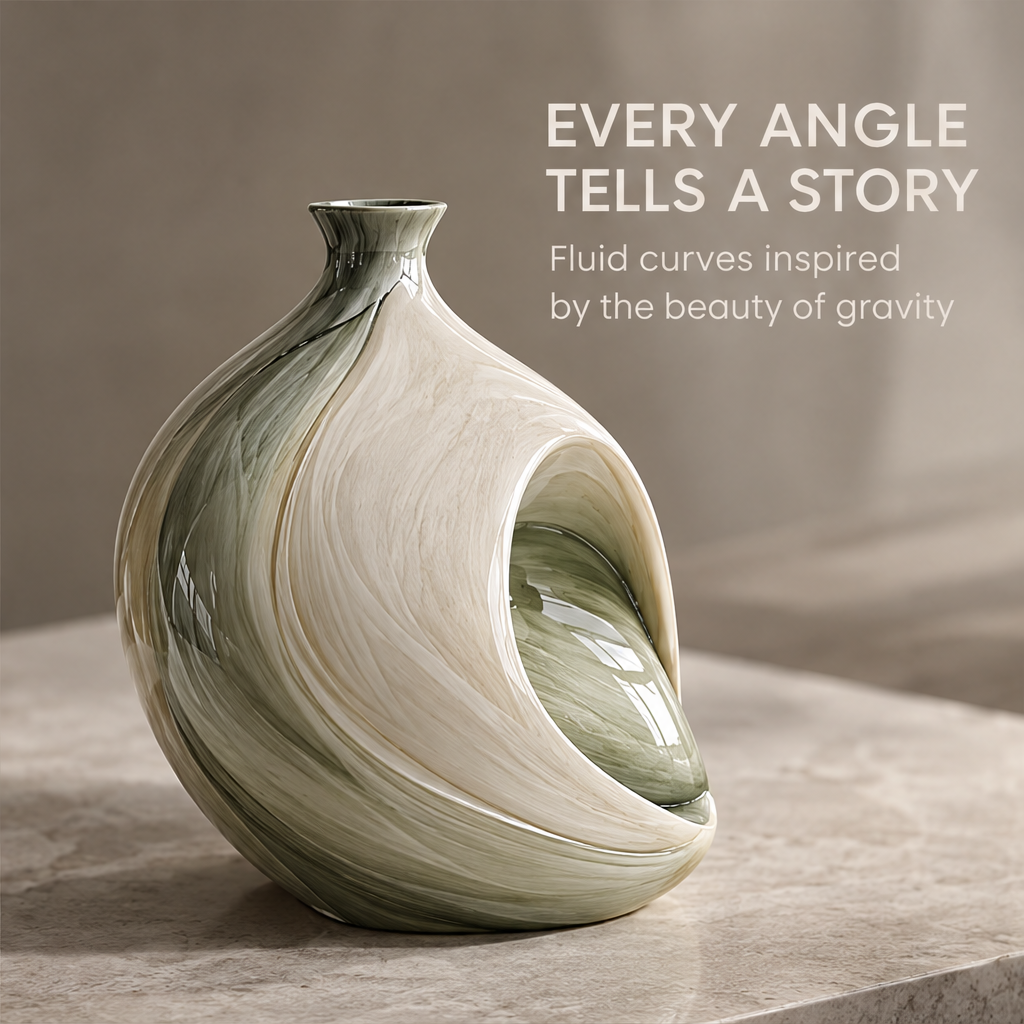 Shaped by Gravity — round concave vase in side-lit scene, where natural force becomes a timeless form