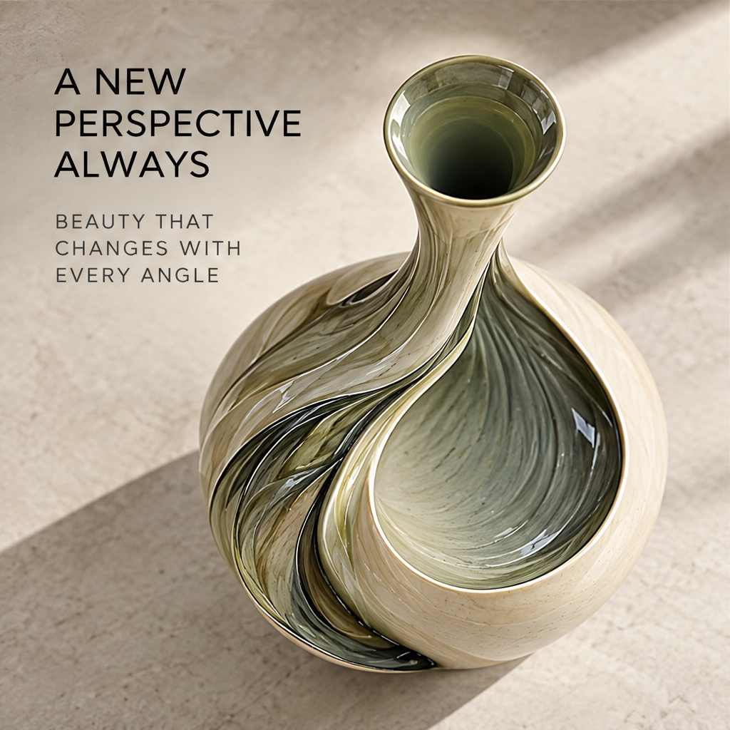 Flowing-groove side-open teardrop sculptural vase — clean product shot, ivory and olive-green flowing glaze with shoulder cavity
