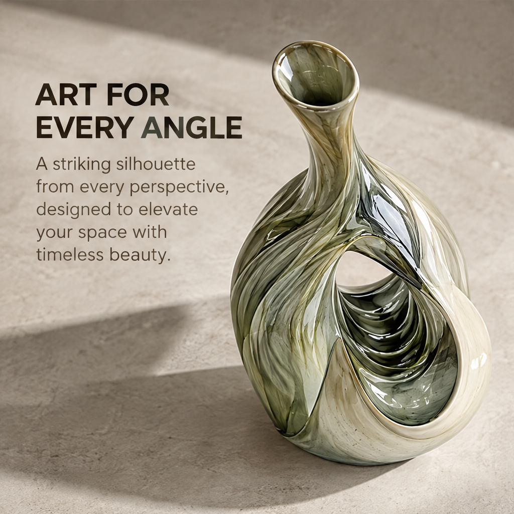 Teardrop hollow sculptural ceramic vase — clean product shot, tall single neck with large teardrop cutout, olive-green and ivory glaze