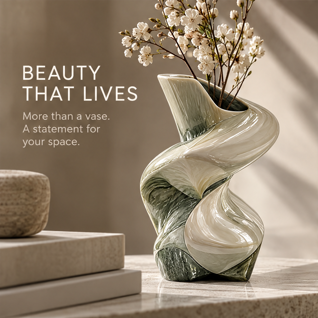 Beauty That Lives — spiral vase styled with white cherry blossoms on marble surface