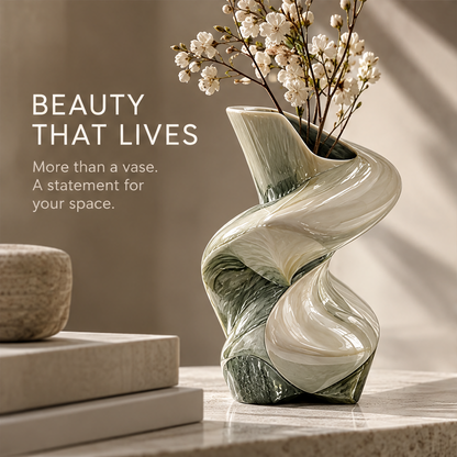 Beauty That Lives — spiral vase styled with white cherry blossoms on marble surface