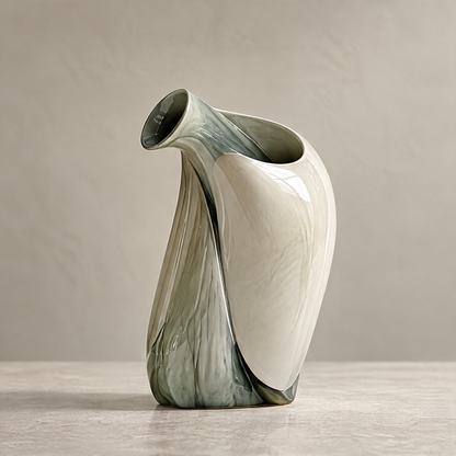 Artful from Every Angle — folded vase on marble surface with stone sphere, a sculptural piece that elevates any space