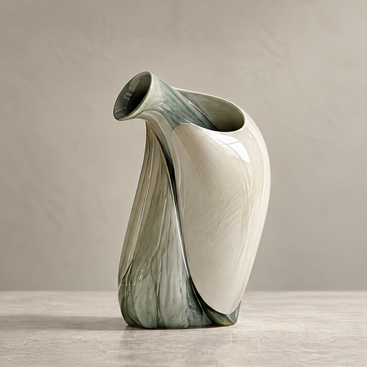 Artful from Every Angle — folded vase on marble surface with stone sphere, a sculptural piece that elevates any space