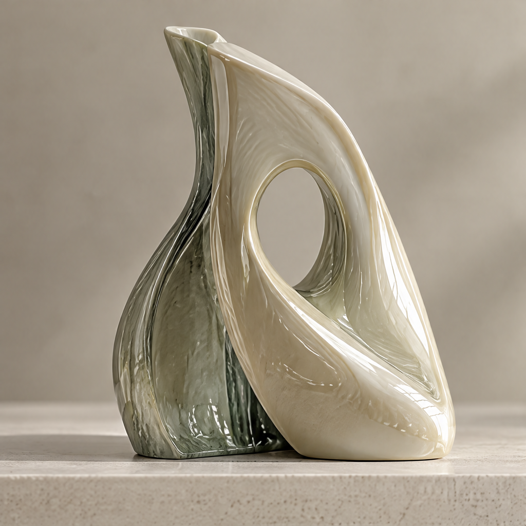 Dual-form sculptural vase — clean product shot showing ivory arch and sage green wave body side by side