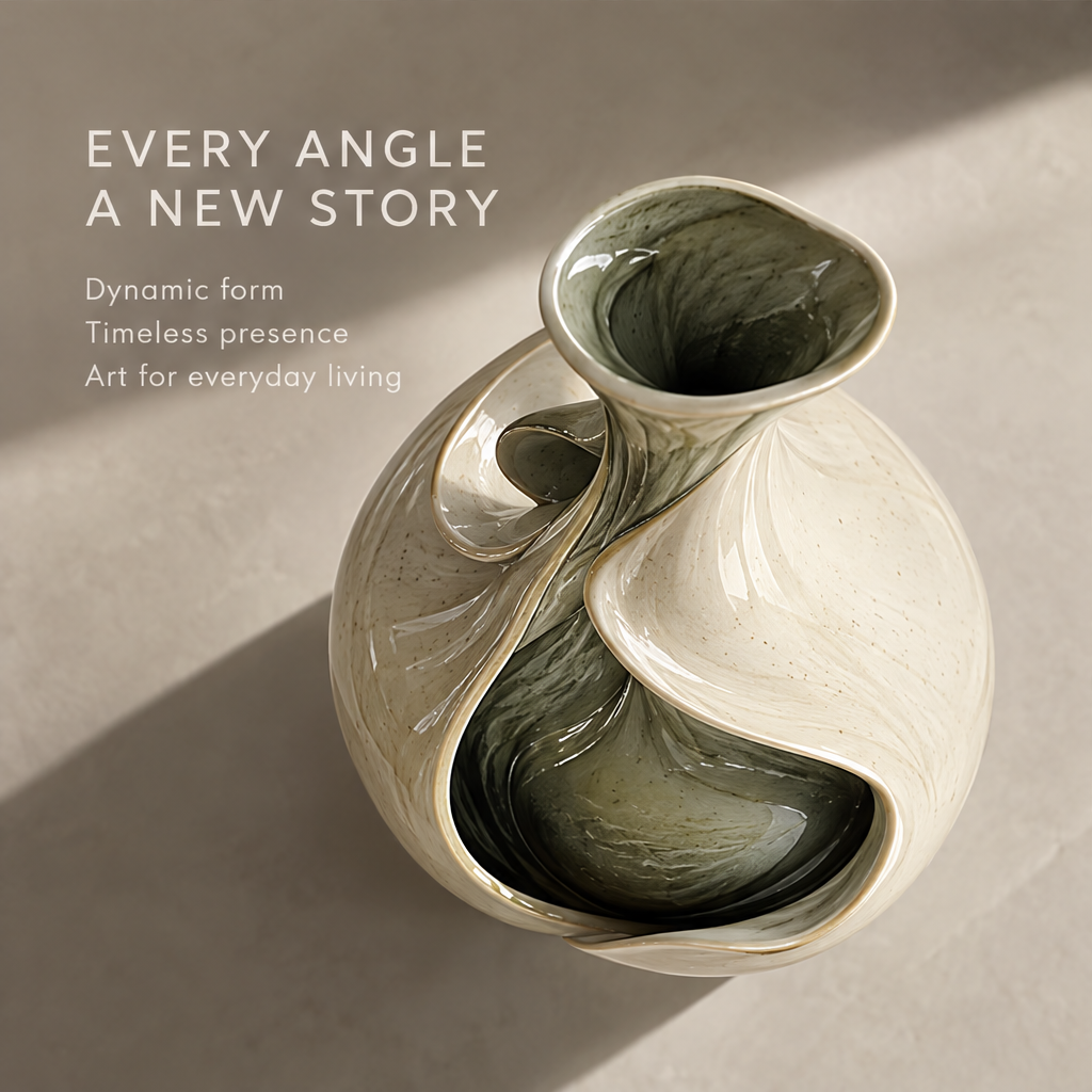 Every Angle a New Story — top-down view of spiral-wrap vase, dynamic form timeless presence art for everyday living