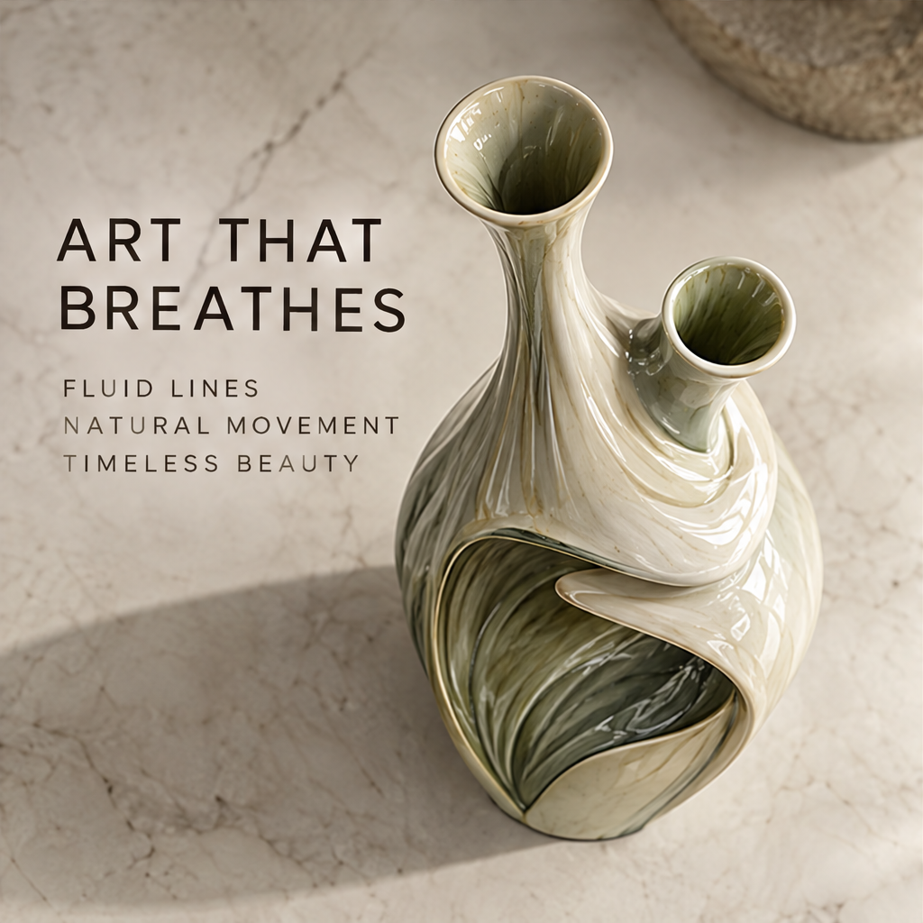Crafted to Last — close-up of hand-applied olive-ivory glaze detail on dual-neck ceramic vase, premium ceramic exceptional detail