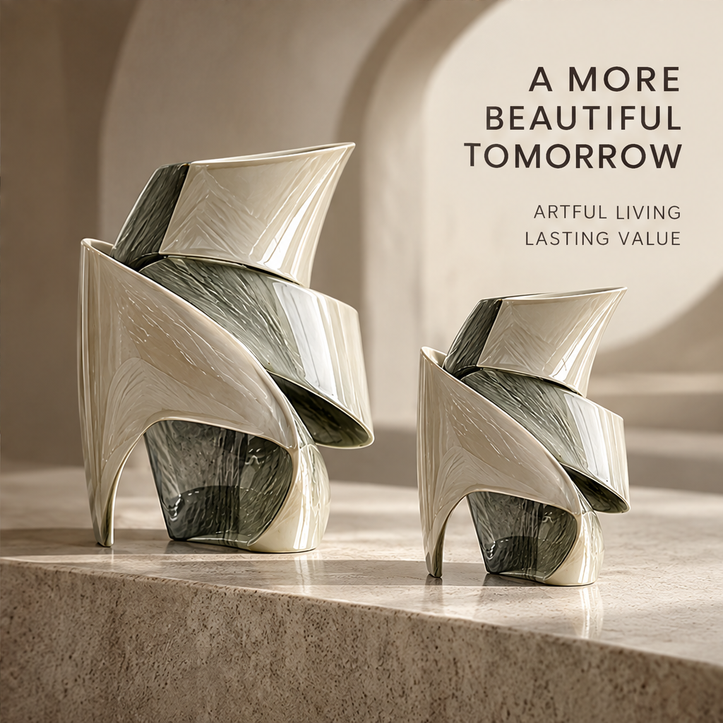 A More Beautiful Tomorrow — large and small layered fold vase duo displayed on stone steps, artful living lasting value