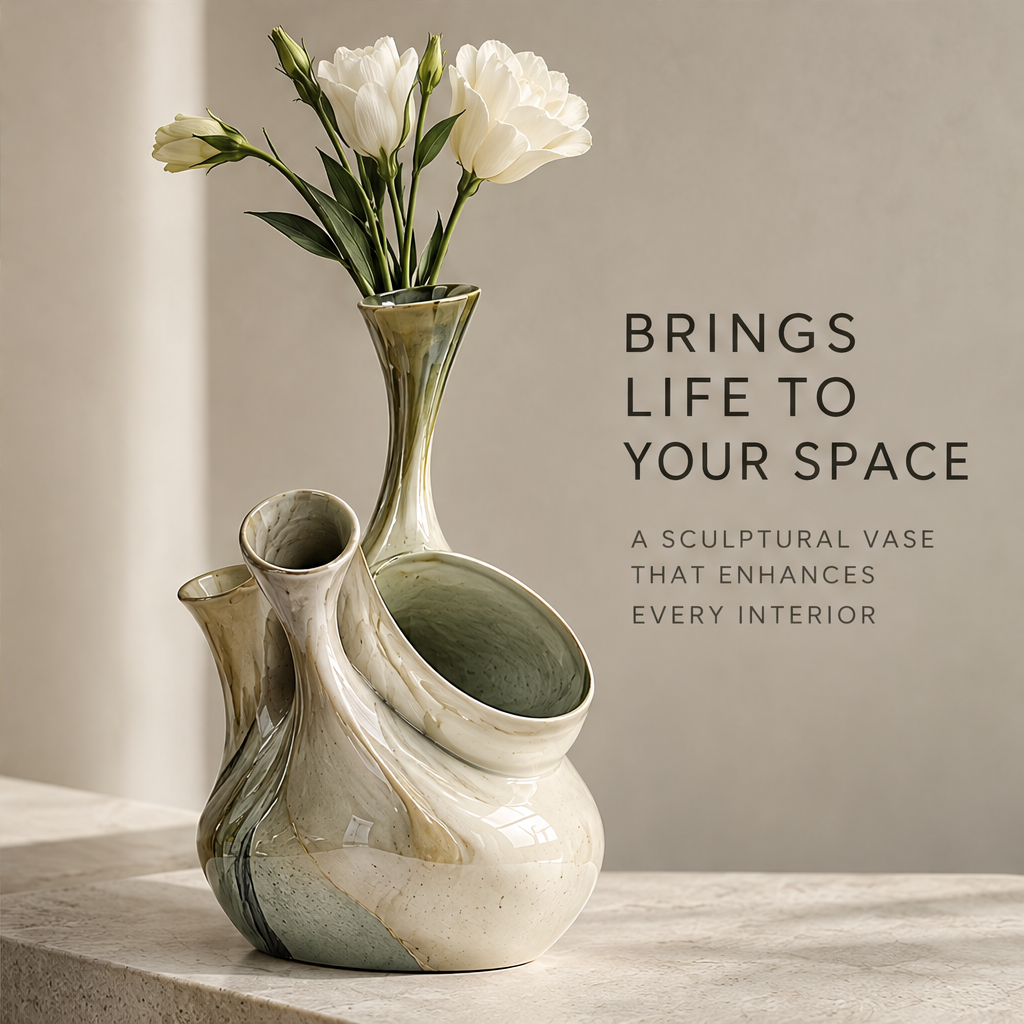 Brings Life to Your Space — multi-opening vase styled with white lisianthus in tall neck, a sculptural vase that enhances every interior
