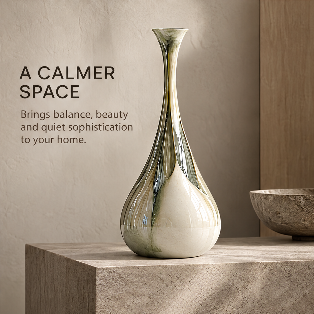 A Calmer Space — long-neck vase on stone ledge with wooden wall and textured bowl, brings balance beauty and quiet sophistication