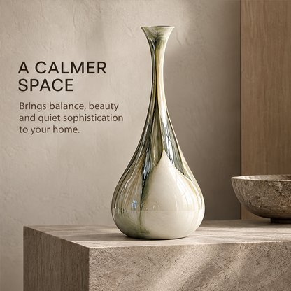 A Calmer Space — long-neck vase on stone ledge with wooden wall and textured bowl, brings balance beauty and quiet sophistication
