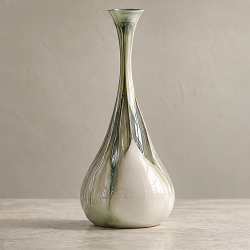 Fluid by Nature — close-up of shoulder and neck with flowing olive-ivory gravity traces, unique every piece one of a kind