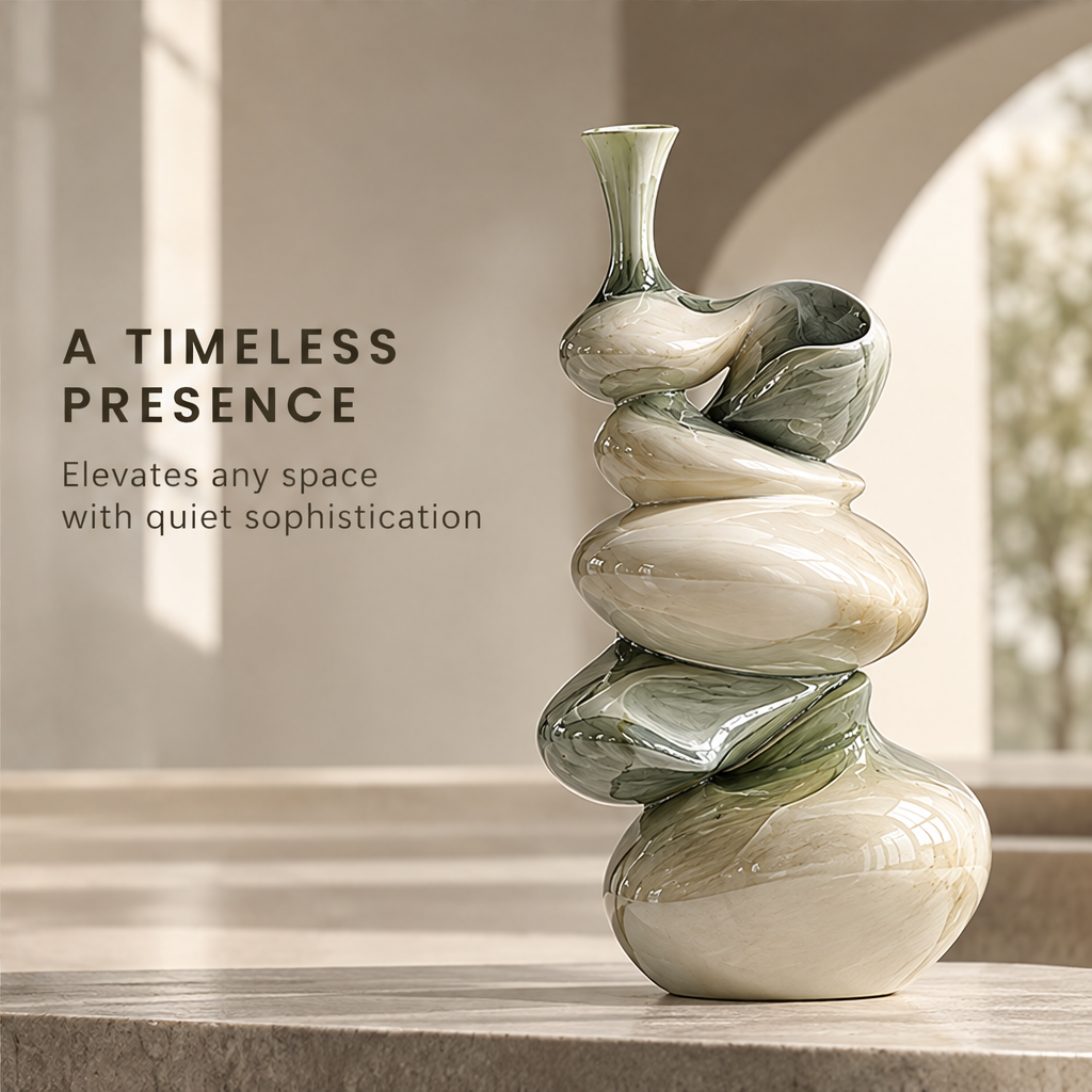 Art Lives in Detail — top-down view of spiral stacked vase neck and upper forms, refined craftsmanship in every angle